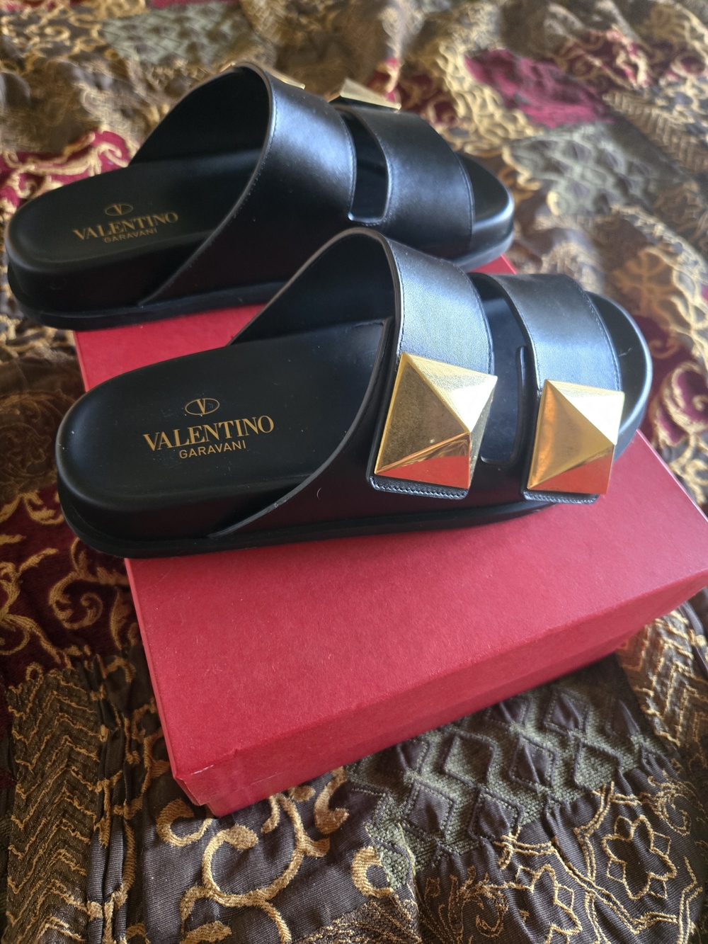 Valentino Garavani Black Slide Sandals with Gold Pyramid Studs - Picture 2 of 8